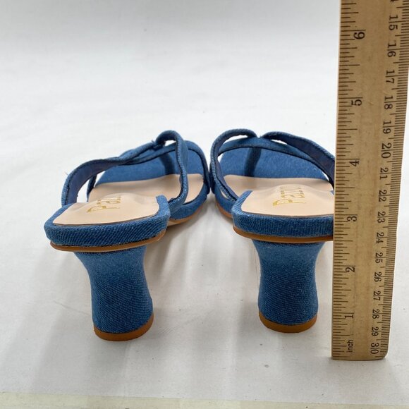 Pazzion Denim Blue Open Square Toe Kitten Heel Flip Flop Sandals Slip On Slipper - Picture 5 of 8